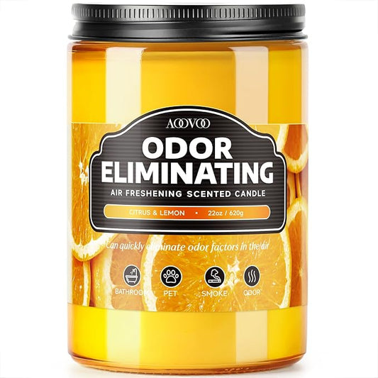 AOOVOO Citrus Lemon Large Odor Eliminating Highly Fragranced Candle - Eliminates 95% of Pet, Smoke, Food, and Other Smells Quickly, Air Freshing Soy Candle, 22 oz Up to 110 Hours Burn time