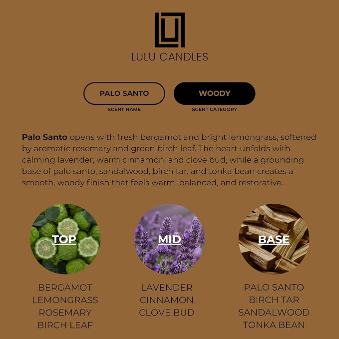 Lulu Candles Palo Santo Scented Soy Jar Candle, 9 Oz. | Luxury, Hand Poured in The USA, Highly Scented, Home Fragrance & Decor