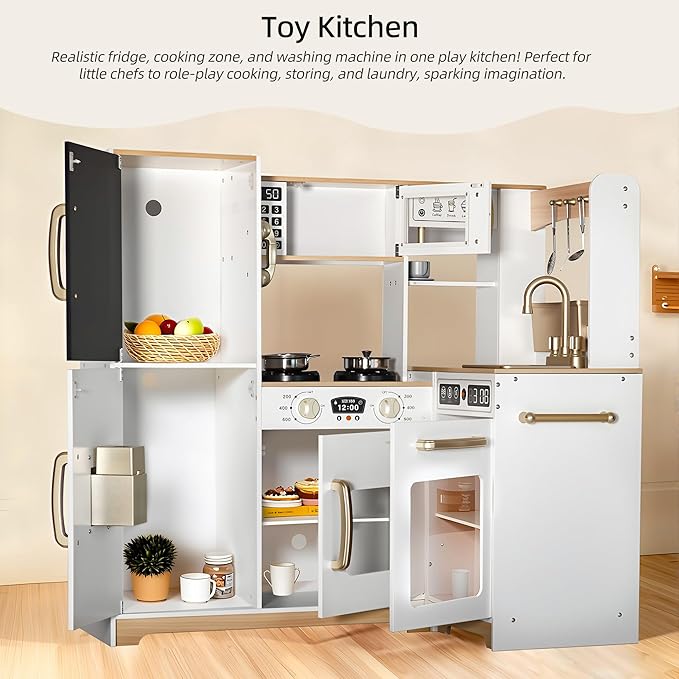 Play Corner Kitchen, Ultimate Interactive Wooden Kids Playset with Light, Montessori Pretend Play Toys, Kids Cooking Playset for Girls & Boys Ages 3+(White)