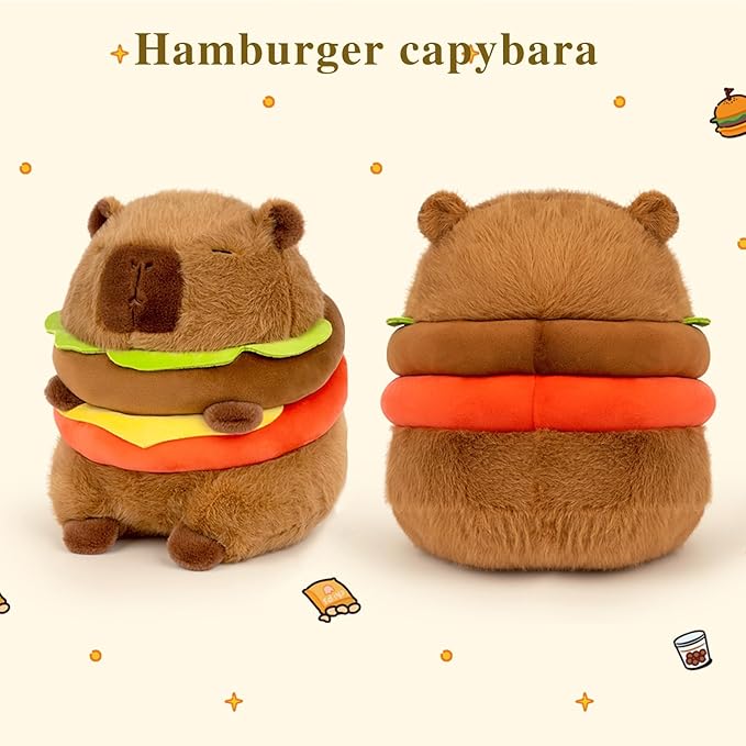 Cute Capybar Stuffed Animals with Wearable Toast headsetwear Capybar, Gifts for Kids (8 in Hamburger Capybar)