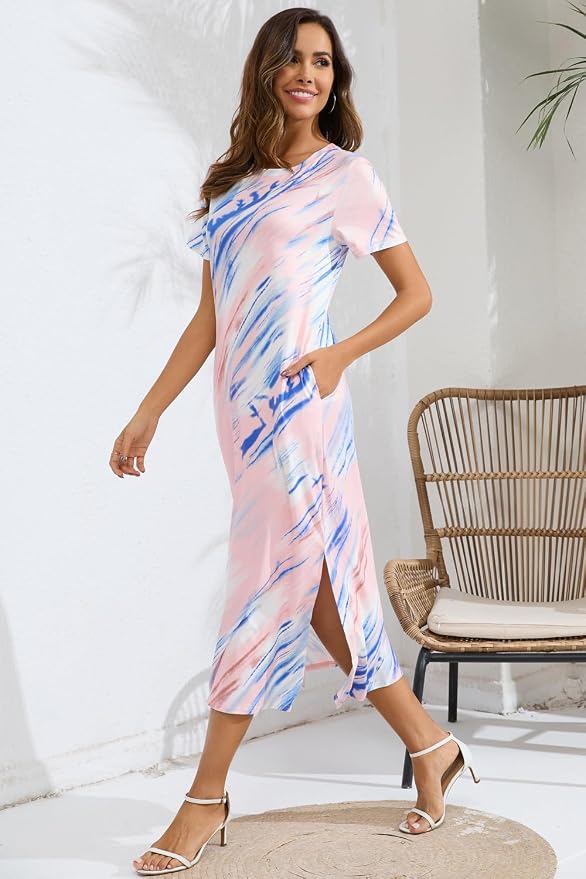 Naggoo Women's Casual T Shirt Midi Dress with Side Slit and Pockets