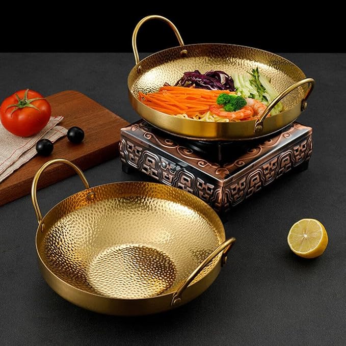 Milisten Stainless Steel Dry Pot, Japanese shabu pot salad serving pot, Korean Soup Pots Mixing Skillet Pan, Stir Fry Pan Stockpot Cookware for Induction Cooktop Gas Stove, Golden