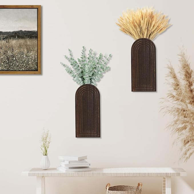 Dnnnii 2 Pack Wooden Wall Vase Set - Dark Brown Finish Modern Farmhouse & Boho Wall Decor for Entryway, Hallway, Bathroom, Living Room, Dining Room, Narrow Spaces