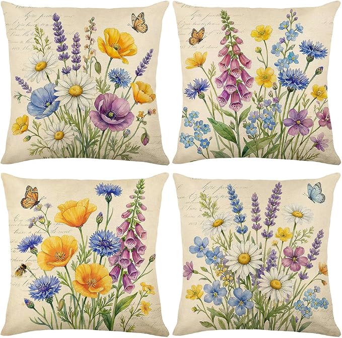 wyooxoo Throw Pillow Covers 16x16 Set of 4 Spring Pillow Covers Linen Flower Farmhouse Cushion Case for Sofa Couch Living Room Outdoor Home Decor