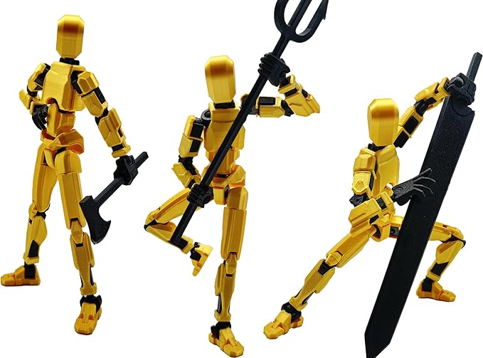 3D Printed Enlarge Body Size 8.1-inch Action Figure Dummy20, Full Body Mechanical Movable Toy, Multiple Accessories, Desk Decoration (Bracket, 3 HandsType, Weapons, Armour) (Brilliant Gold)