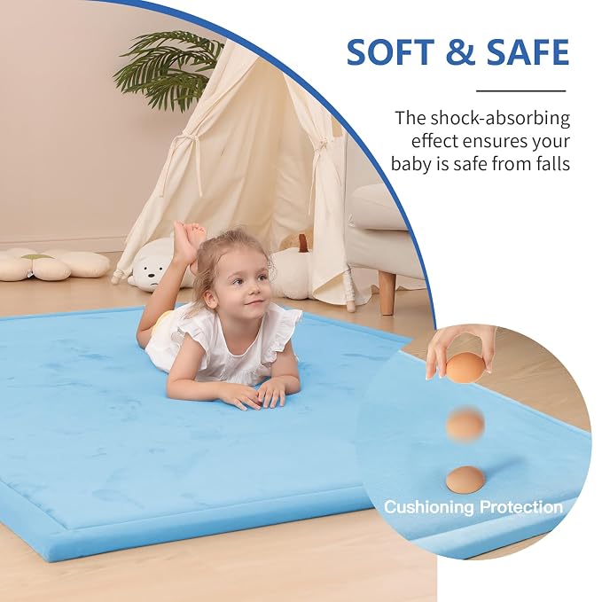 Baby Play Mat for Floor,1.3" Thick Memory Foam Tummy Time Mat,Soft Coral Velvet Nursery Rug,Large Non Slip for Crawling,Toddlers,Infants,Kids,Yoga & Tatami Style for Living Room(Light Blue)