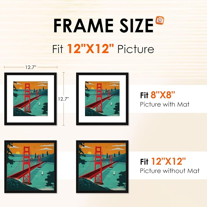 FIXSMITH 12x12 Picture Frame Set of 1, Photo Frame with HD Plexiglass, Display Pictures 8x8 with Mat or 12x12 Without Mat, Black Picture Frames Collage Wall Decor, Gallary Wall Frame