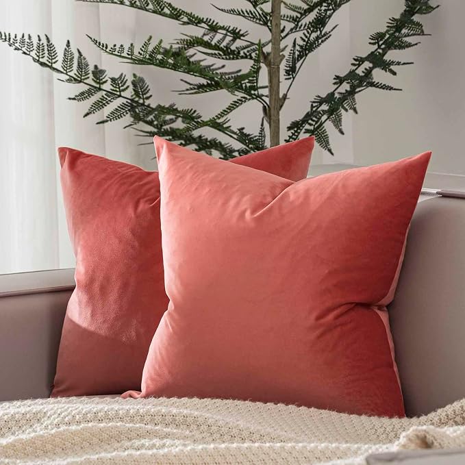 Throw Pillow Covers 18x18 Decorative Velvet Cushion Covers Set of 2,Coral | Soft Pillow Cases with Invisible Zipper for Modern Couch Sofa Bed Living Room Bedroom Home Decor