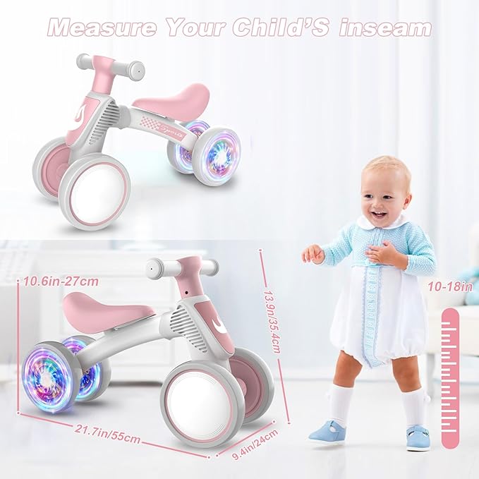 WETIFY Colorful Lighting Baby Balance Bike Toys for 1 Year Old Girl Gifts, 10-36 Month Toddler Balance Bike, No Pedal 4 Silence Wheels & Soft Seat First Bike, One Year Old Girl Birthday Gifts