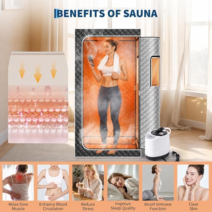 Sauna, Portable Steam Sauna Tent for Home with Remote Control, 3L-1200W Fast Heating Steam Generator and Portable Chair, 9 Levels & 99-Minute Timer Full Body Detox Relaxation Home Sauna Spa