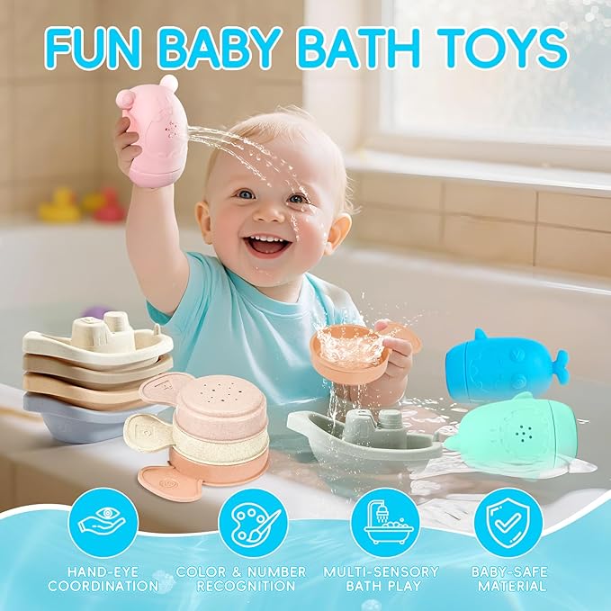 Baby Bath Toys for Kids Ages 1-3, 15 PCS Mold Free Bath Toys for Toddlers 2-4 Bathtub Water Table Pool Toys, Silicone Bath Toy and Bath Boats Spoons, Baby Shower & Birthday Gifts for Babies & Toddlers