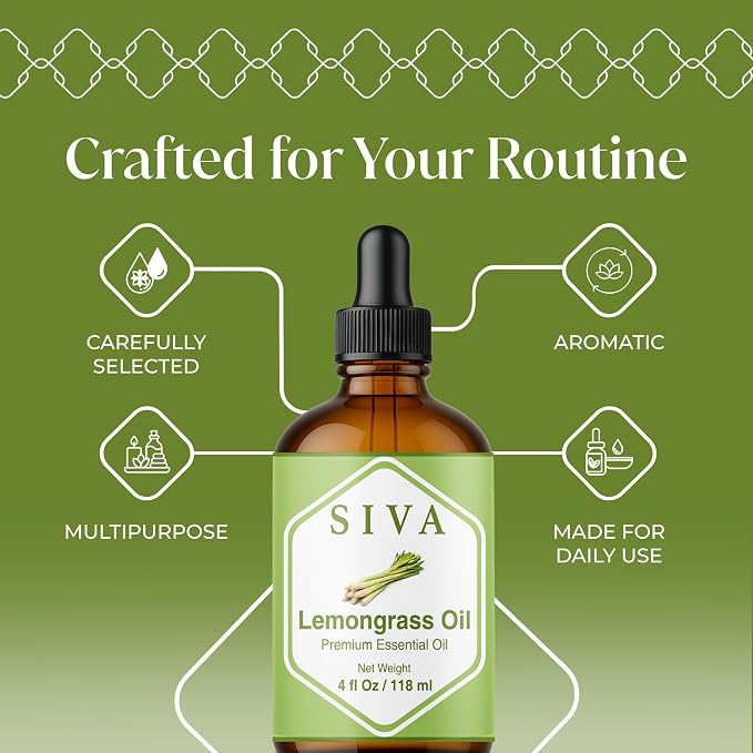 Siva Lemongrass Essential Oil 4 Fl Oz – for Diffuser, Skin & Hair Care – Ideal for Massage & DIY Blends- with Dropper