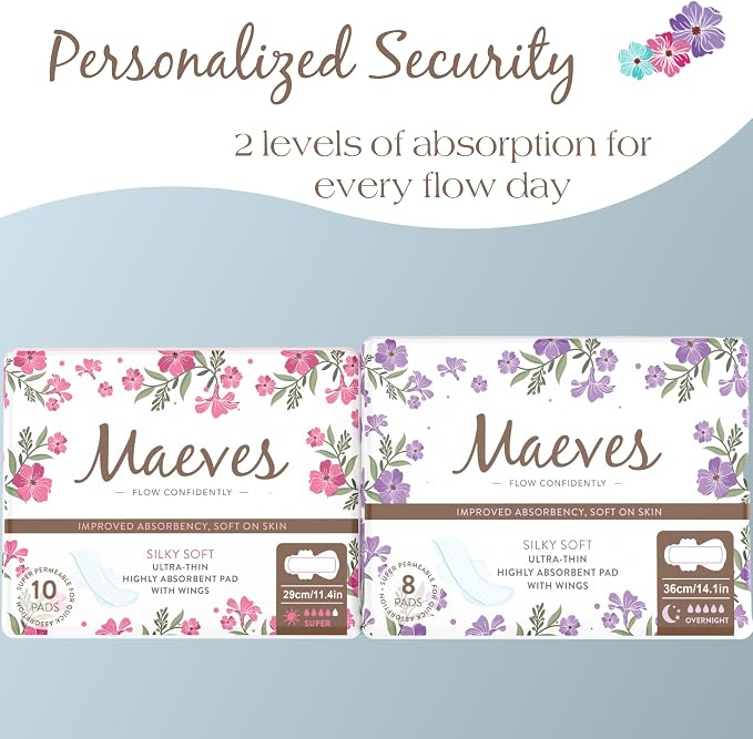 Maeves Pads Ultra Thin Feminine Care, Maxi, Sanitary Napkins with Wings for Super, Extra Heavy Flow Pads, Large, Extra Long Overnight Flow Multipack Period Pads for Women - 18 Count