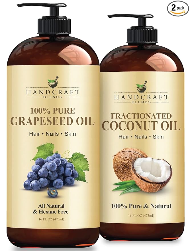 Handcraft Blends Professional Massage Set: Fractionated Coconut Oil and Grapeseed Oil – (2 x 16 Fl Oz) – 100% Pure & Natural – Premium Carrier Oils for Massage Therapy and Skin Care