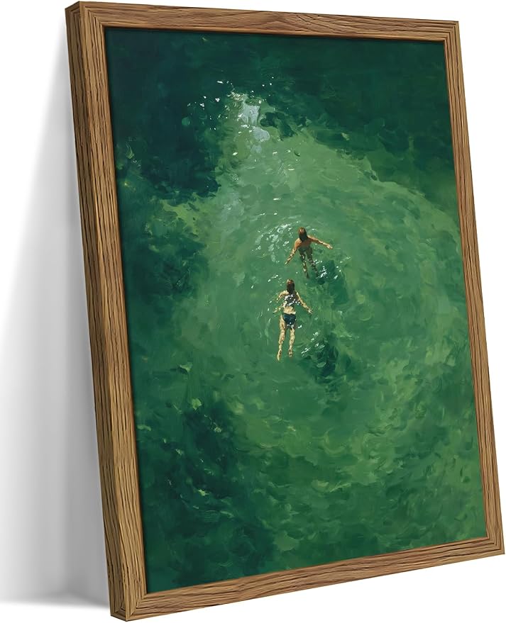 Framed Green Abstract Wall Art, Vintage Summer Swimming Canvas Wall Decor Painting, Minimalist Dark Green Water Landscape Poster Print Picture for Bathroom Bedroom Living Room 16x24 Inch