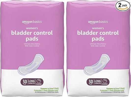 Amazon Basics Incontinence Pads for Women, Long, Postpartum, Bladder Control, Ultimate Absorbency, Fresh Protection, Unscented, 30 Count (Pack of 2)