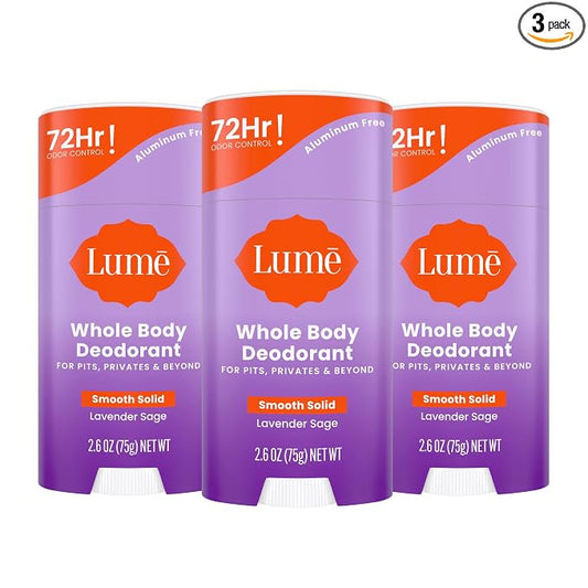 Lume Whole Body Deodorant - Smooth Solid Stick - 72 Hour Odor Control - Aluminum Free, Baking Soda Free and Skin Loving - 2.6 Ounce (Pack of 3) (Lavender Sage)