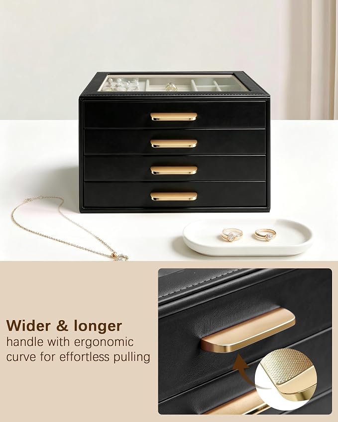 Homeanda Jewelry Boxes Organizer with Glass Lid, 4-Layer PU Leather, Black | Modern style display case with 4 drawers for daily jewelry, women, mom or girl gift