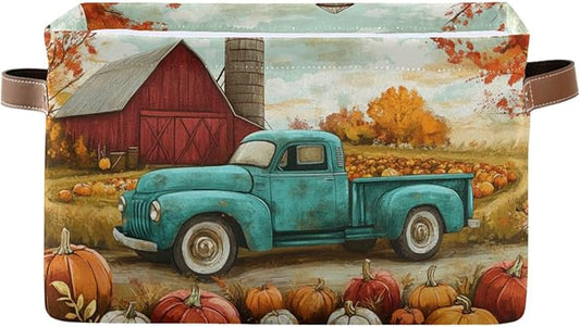 Aslsiy Storage Basket Autumn Pumpkins Truck Maple Nursery Bins Fall Tree Baby Box Canvas Clothes Shelf Basket Laundry Hampers 1 Pcs