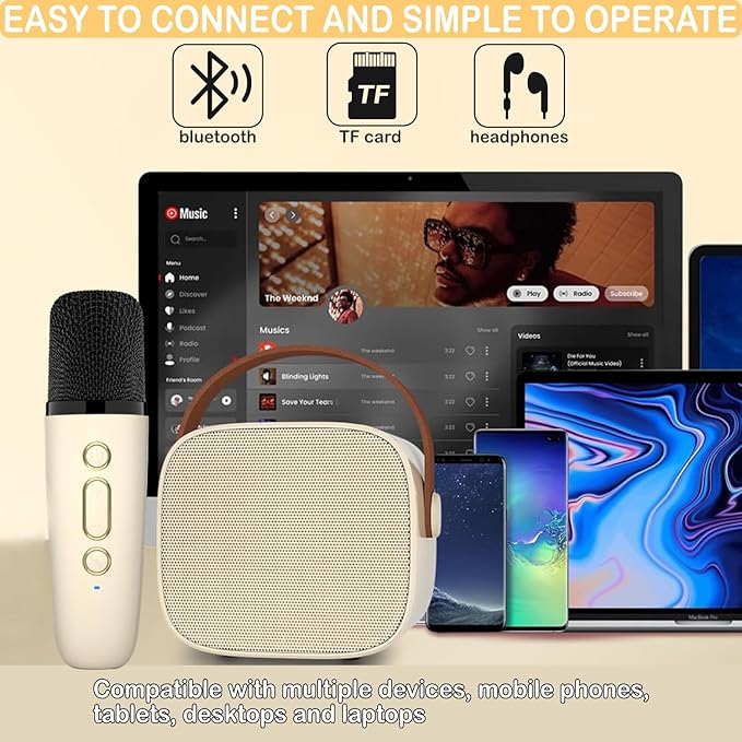 Mini Karaoke Machine for Kids Adults, Mini Portable Bluetooth Karaoke Speaker with 1 Wireless Mics and LED Lights for Kids Adults, Christmas Birthday Gifts Toys for Girls Boys Family Home Party