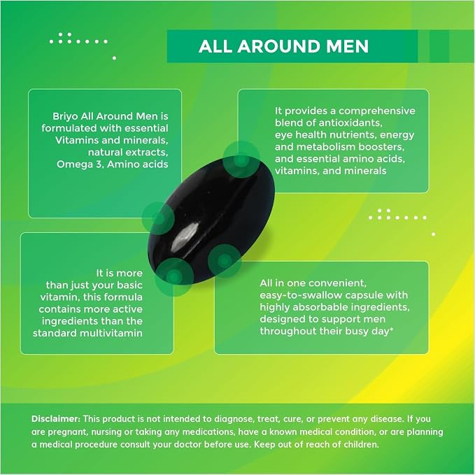 Briyo All Around Men - Multivitamin for Men with 38 Essential Vitamins, Minerals, Omega 3 and Plant Extracts – Supports Energy Immunity – Live Strong with One Daily Clean Capsule