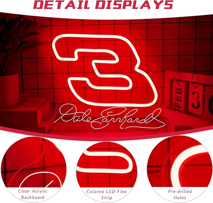 Dale Earnhardt's 3 Neon Sign Legends Never Die Neon lights Racing Themed Light Sign Tribute to The Intimidator for Wall Decor Neon Light for Racing Fans and Man Caves Gifts(12.9 * 10.7in)