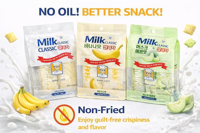 Milk Rice Snack Variety Pack – 3 Flavors (Milk, Banana & Cheese), Non-Fried Crispy Korean Rice Snack, Individually Wrapped Kids School Snack, Melt-in-the-Mouth Rice Crackers