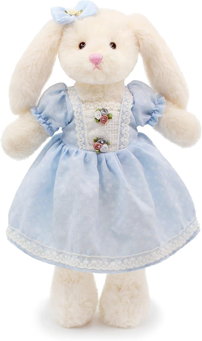 Small Soft Stuffed Animal Bunny Rabbit Plush Toy for Baby Girls 15inch (White Rabbit Wearing Blue Retro Dress)