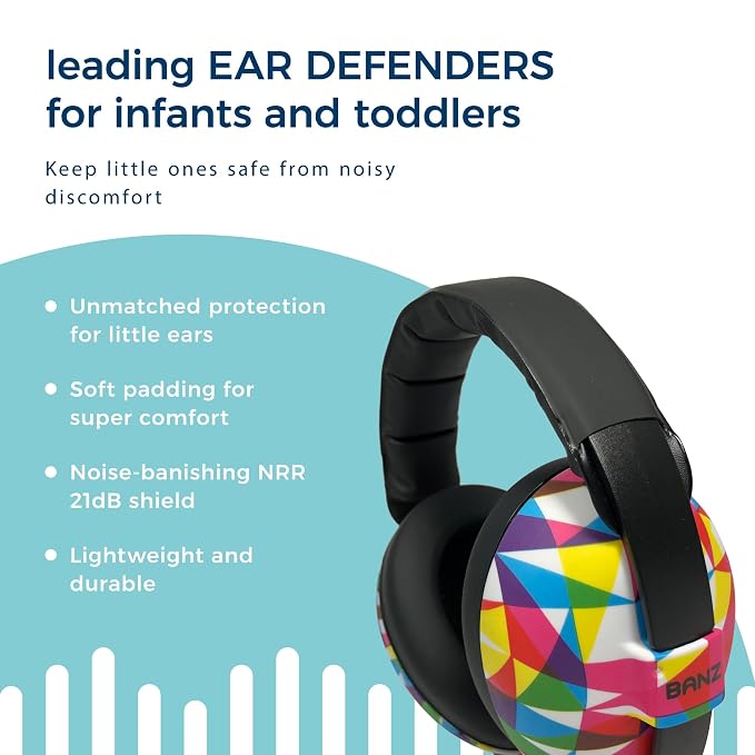 BANZ Baby Earmuffs – Noise Cancelling Headphones for Infant & Toddler Hearing Protection, Baby Ear Muffs Noise Protection, ANSI Certified, Ages 0–2 Years, Adjustable - Geo Print