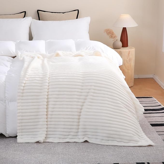 Cream White Fleece Throw Blanket 50”×60” for Couch Sofa Livingroom | Super Soft Cozy Plush Microfiber Flannel Bed Blanket Striped Design Lightweight Home Decor Gifts for Adults Mom Women