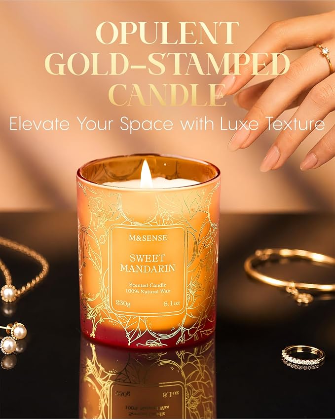 M&SENSE Sweet Mandarin Soy Candle, 8.1oz Gilded Glass, Summer Refresh | 42H Long Burn, Relax Calm Air Purifying, Non-Toxic, Warmer Lamp Compatible, Reusable Glass