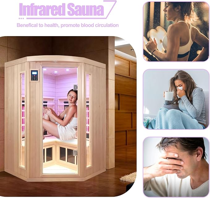 Ceramic Infrared Sauna, 2-3 Person Home Sauna, Canadian Hemlock Indoor Corner Sauna Spa, Wooden Sauna Room, 5 Low EMF Heaters + 4 Ceramic Tubes, Bluetooth Speakers, Chromotherapy Lights