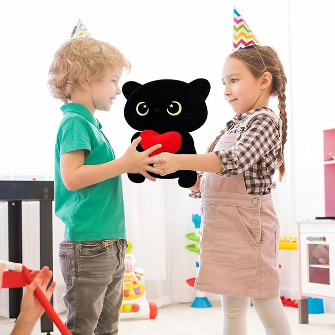 Achwishap Black Cat Plush,Cute Cat Stuffed Animal-14” Kawaii Black Cat Plush Toys Birthday Gifts for Girls Boys Adults,Cute Plushies Soft Kitten Plushie Cuddle Pillow for Kids,Red Love Heart Plush