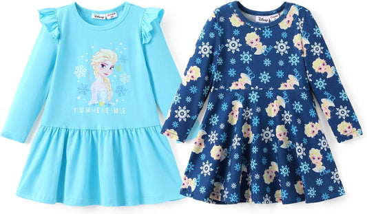 Disney Frozen Elsa Stitch Princess Minnie Mouse Toddler Girl Dresses 2 Pack Ruffle Long Sleeve Dress Set (3 Months - 6 Years)
