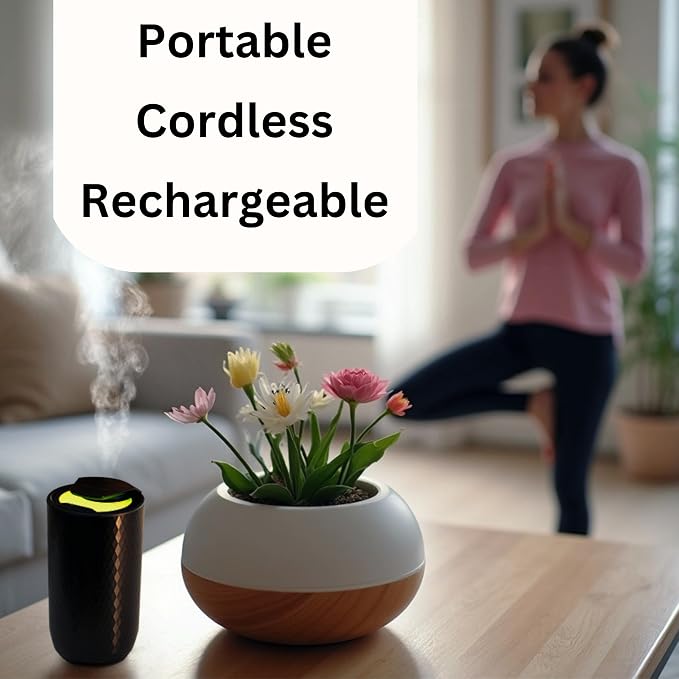 Waterless Essential Oil Diffuser - Cordless Rechargeable Aromatherapy Scent Machine for Home Bedroom Car Office Travel - 3 Mist Levels, 4 Timer Modes, 24-Hour Battery