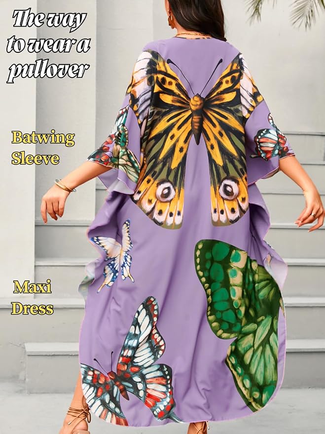 ChiaoLezhee Print Moo-Moos for Women, Kaftan Cover-Up Dresses, Sexy V-Neck High-Slit, Beach Pool-Party Coverups Muumuu Plus