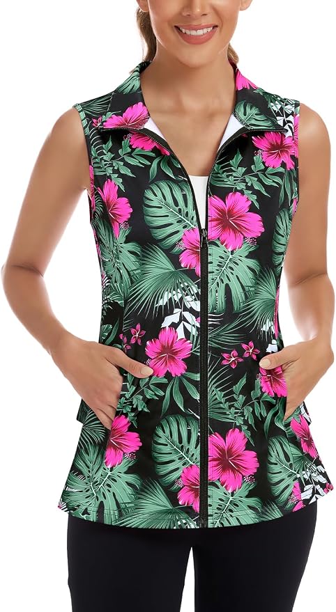 Women's Golf Vest with Pleated Tennis Skirt Hem Lightweight Full Zip Sleeveless Athletic Shirts with Pockets