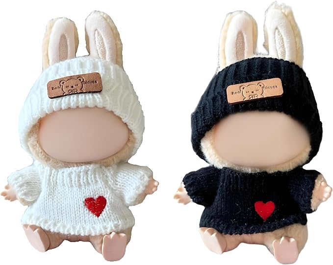 17cm Doll Clothes Outfits - Cozy Knit Top & Beanie Hat for Plush/Blind Box Collectibles (White&Black Sweater)