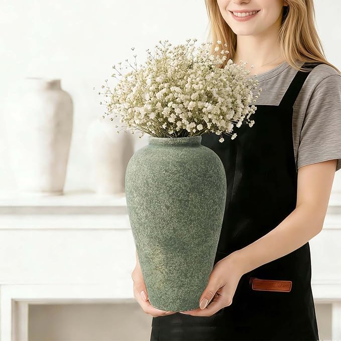 Green Ceramic Vase 11 Inch, Large Tall Decorative Vase for Centerpieces, Farmhouse Rustic Flower Vase for Home Decor, Living Room, Console, Wedding