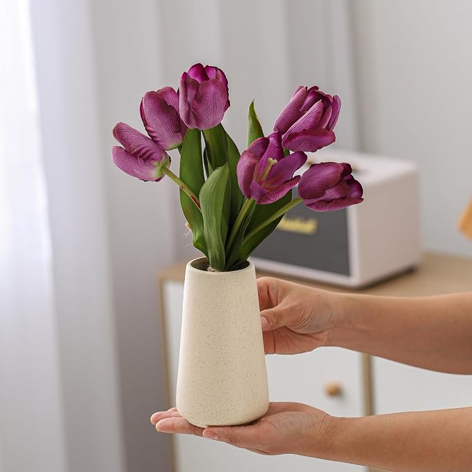 Simple Boho Ceramic Flower Vase for Home Decor (Beige,Small) | 6'' Modern Neutral Vase for Flower Plant Pampas Grass, Fit for Table Shelf Centerpieces, Living Room Kitchen Wedding Gift