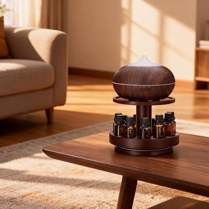 TJ.MOREE Bamboo Essential Oil Organizer 2-Tier Carousel Holder Black Walnut | Bamboo Material, Fits 5 ml to 30 ml Essential Oil Bottles, Suitable for Home and Office Spaces