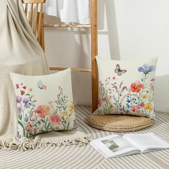 wyooxoo Spring Pillow Covers 20x20 Set of 4 Summer Farmhouse Throw Pillow Covers Floral Butterfly Decorative Cushion Cases for Sofa Couch Patio Bedroom