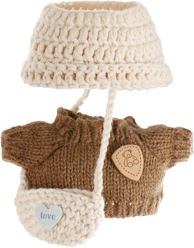 Clothes for 17cm Dolls, Clothes Set for 17cm Doll, Crochet 3 Piece Set Hat Clothes Backpack for Dolls, Stylish Adorable Dolls Clothes Accessories (No Doll) (Brown)