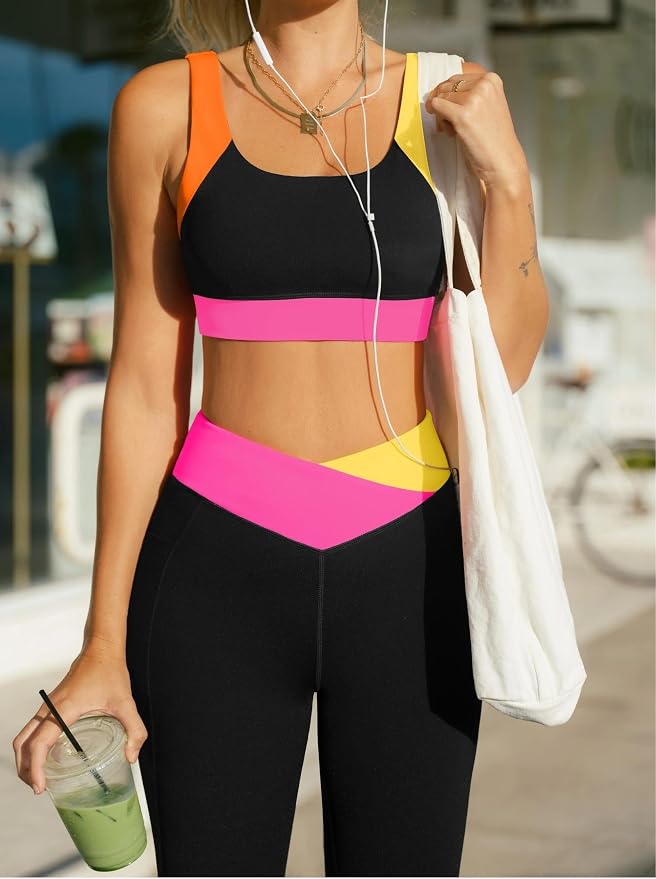 popvil Workout Sets For Women Color Block Sports Bra High Waisted Legging With Pocktes For Athletic Running Gym Yoga Outfits
