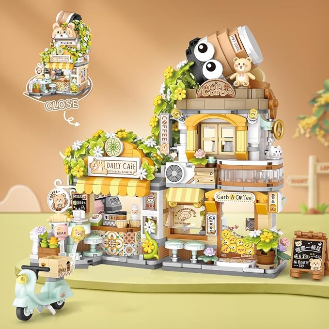 City Cafe Building Blocks Toys, Openable Coffee Shop Building Set for Boys Girls Age 8+,1077pcs Mini Bricks (Green)