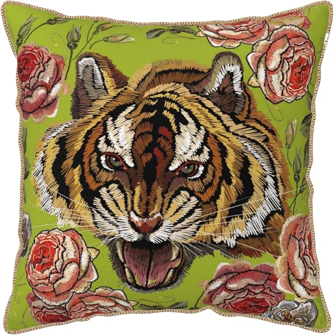 Tiger Flower Green Velvet Pillow Covers 16x16 Inch Pink Floral Animal Throw Pillows for Couch Cushion Covers Pillowcase Farmhouse Modern Pillow Cases for Sofa Bed Living Room Bedroom