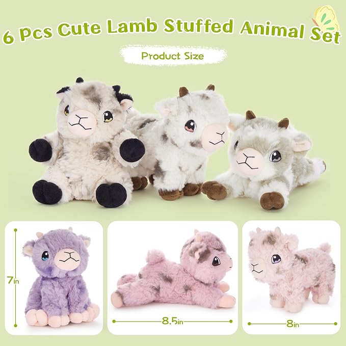 Tezituor 6 Pcs Sheep Stuffed Animals Set, 8 Inch Cute Stuffed Lamb Plush Toy for Birthday Party, Plush Sheep Lamb Toy Bulk for Boys Girls