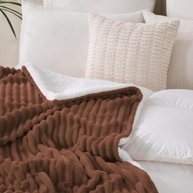 Chocolate Sherpa Fleece Throw Blanket 50”×60” for Couch Sofa Bed | Double Side Soft Fuzzy Cozy Plush Thick Flannel Blanket with Striped Design Gift for Adults,Woman