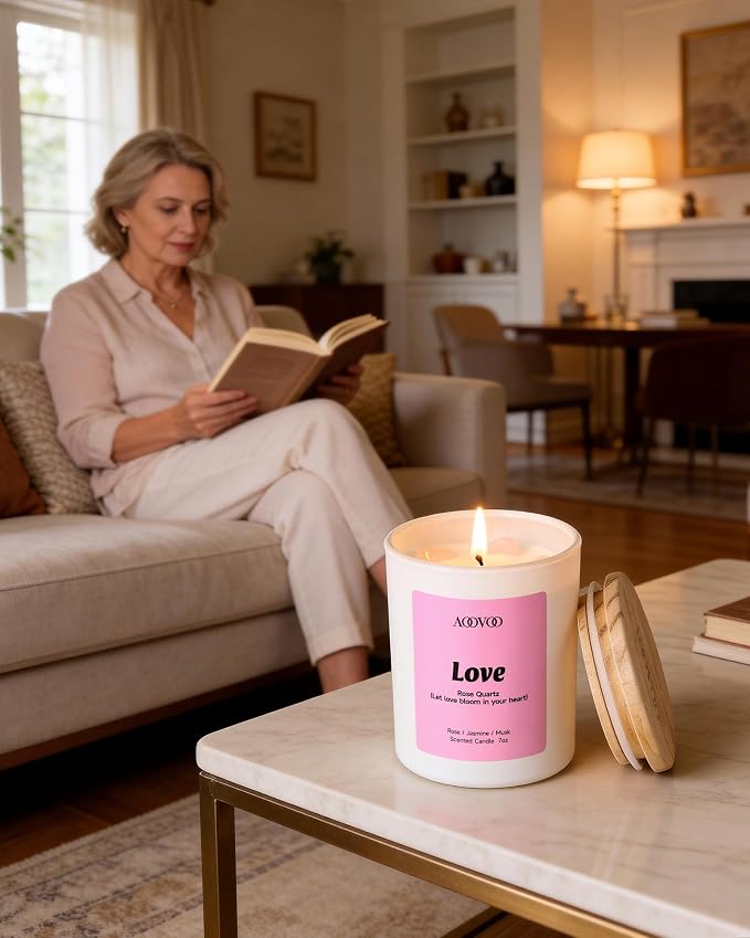 AOOVOO Healing Candles Set for Women - 4 Pack Candles for Home Scented, Aromatherapy Candle with Crystals, Gratitude Rhodonite/Appreciation Clear Quartz/Blessing Aventurine/Love Rose Quartz