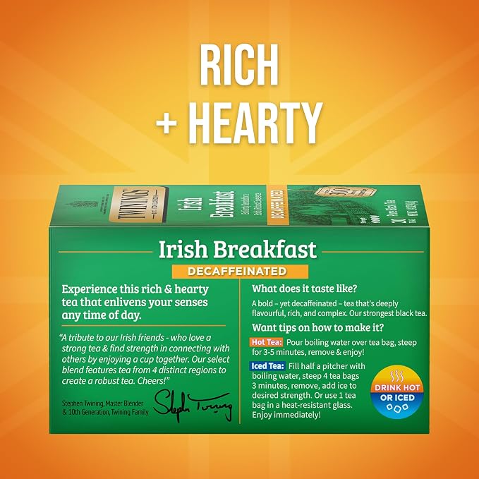 Twinings Irish Breakfast Black Tea Individually Wrapped Bags, 20 Count (Pack of 1), Flavourful, Bold, and Robust, Caffeinated, Enjoy Hot or Iced, 20 Teabags